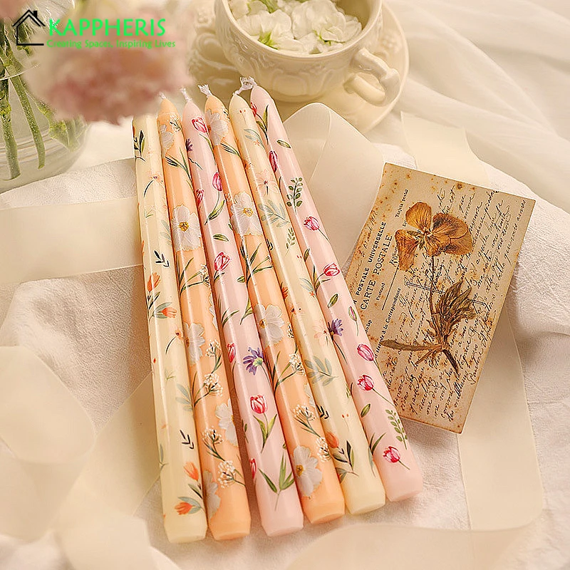 7.5\'\' Taper Scented Candles Romantic Hand Painted Rose Long Candle for Dinner Table Decoration Wedding Country Decor