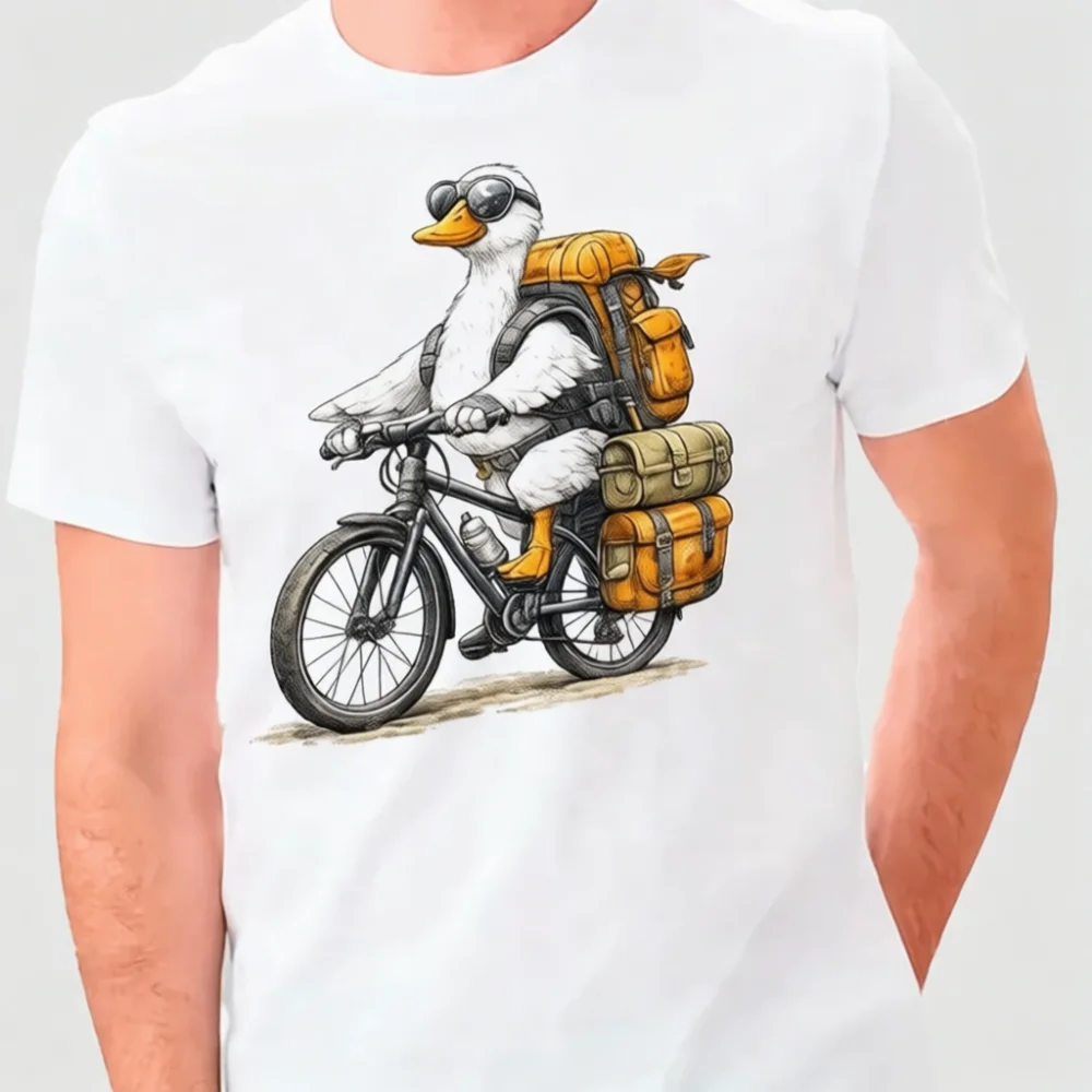Casual Loose T Shirt Men Cotton Cycling Goose Print Tee Short Sleeve Round Neck Breathable Fashion Summer Top