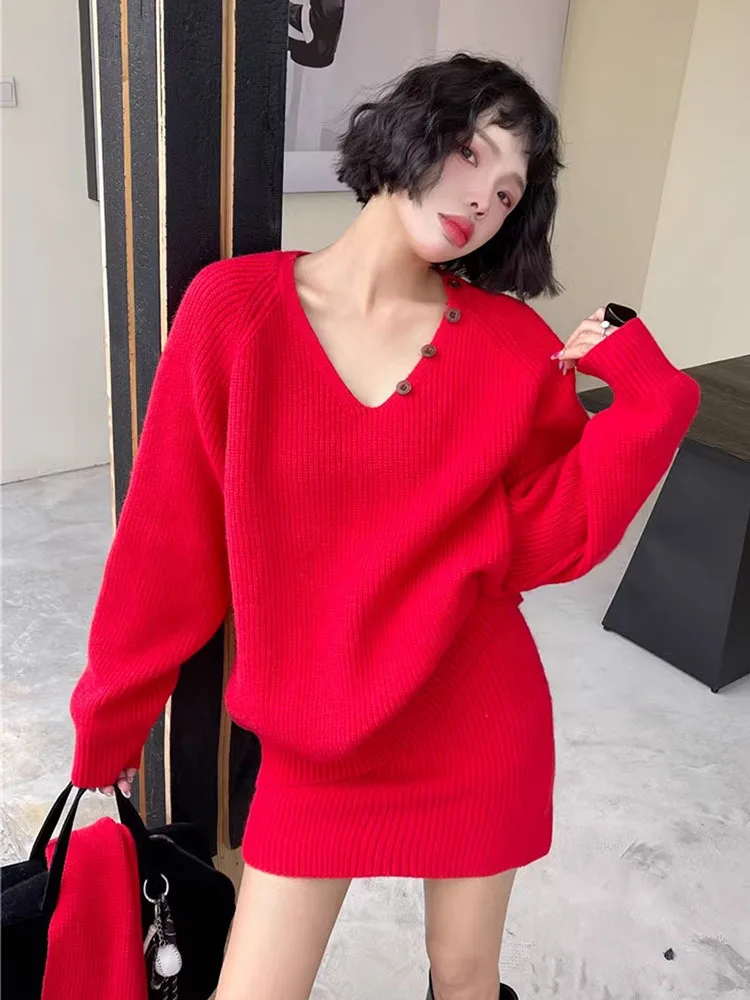 BZVW Temperament Knited Three Piece Set Women's V-neck Scarf Solid Color Casual Sweater With Skirt 2025 Spring New 25Z2158