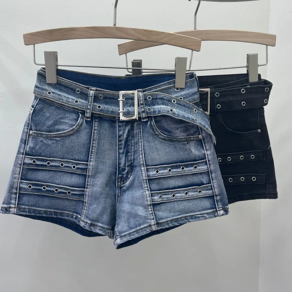 

Retro high waisted denim shorts for women belt slim sexy A-line stretch short pants