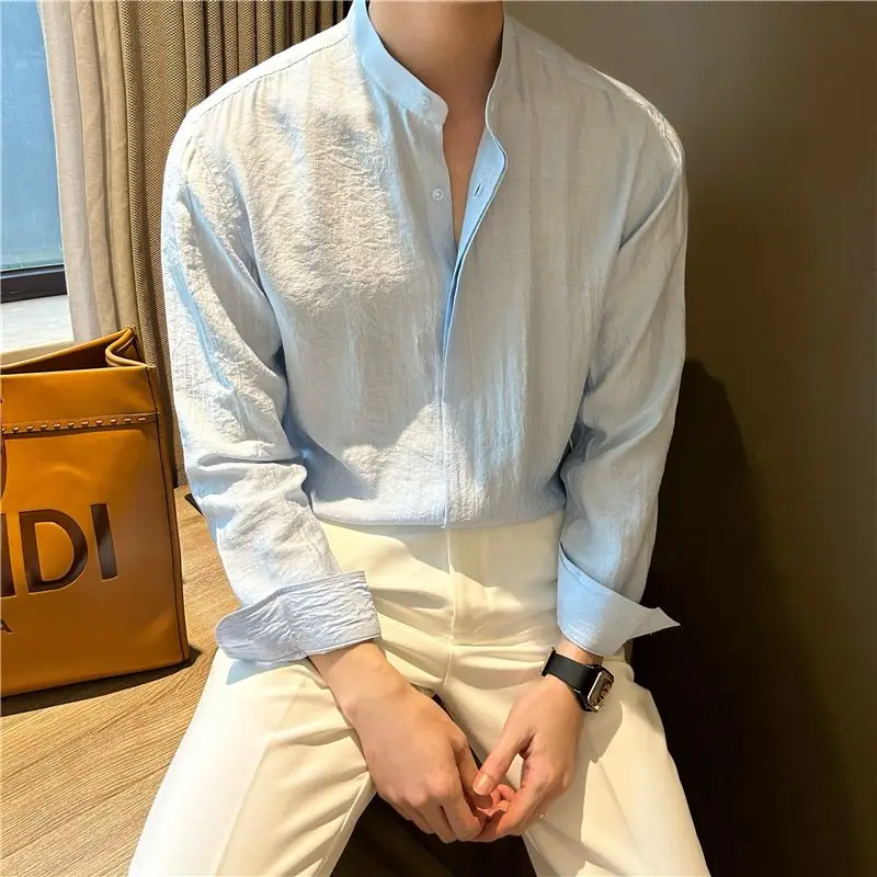 

2025 New Spring Long Sleeve Men's Shirt Stand Collar Wrinkle Texture Solid Color Hidden Button Casual Slim Fit Blouse Top