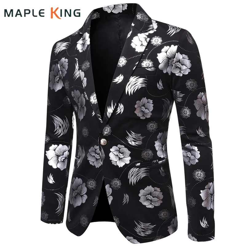 Luxury Gold Bronzing Floral Print Black Suits for Men Steampunk Masculino Single Button Party Dress Blazer Mens Slim Jacket Coat