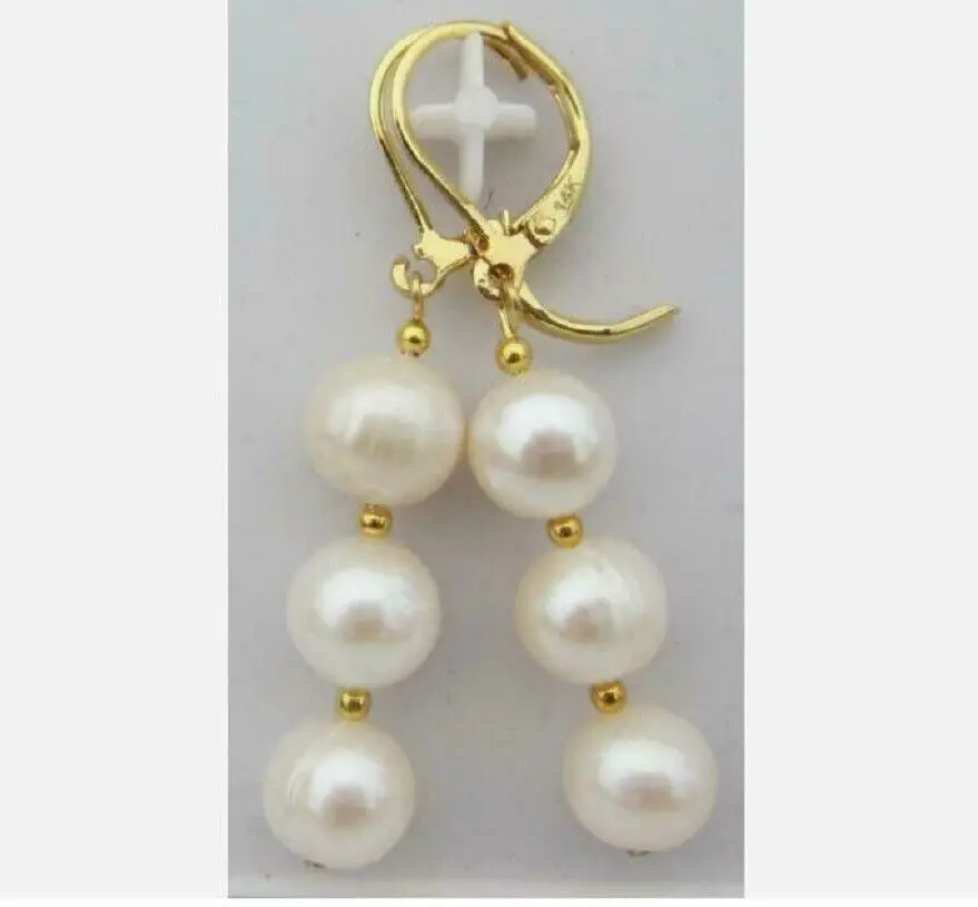 Boucles d'Oreilles en Perles Blanches AKOYA, 14K Solide, Parfait, AA 9-10mm