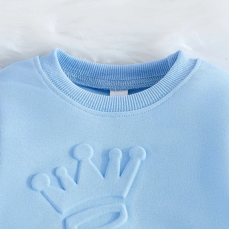 Kid Boys 9 Months-6 Years old Long Sleeve Cute King Letter Tees tops and Long Pants Blue Outfit Toddler Infant Clothing Set