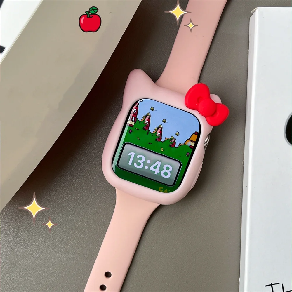 Cute Cartoon Cat Bow Tie Case For Apple Watch Series 9 8 7 6 SE 5 4 Korea Girl Silicon Soft Cover For iWatch 45mm 44 42 41 40 38