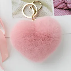 1pcs 8cm Real Rabbit Pink Heart Keychain Pompom Car Keyring Gold Color Chains Pompons Cute Bag Charm For Women R70