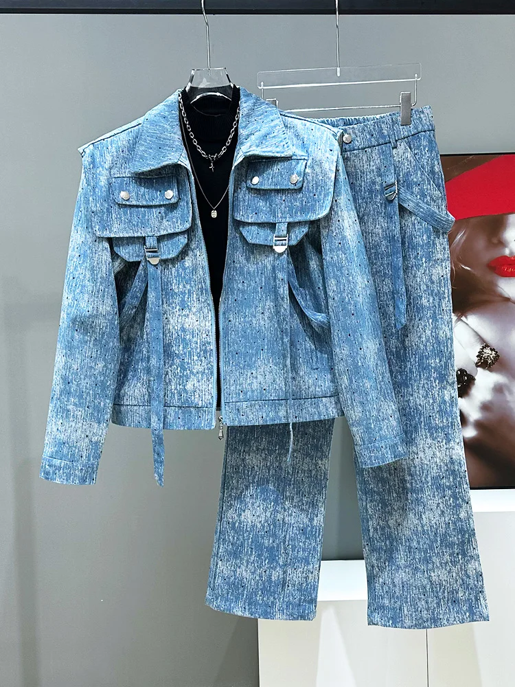 

Original Faionable ort Denim Jaet Set with Straight Leg Jeans for Men Spring Season Long Sve Youth Apparel