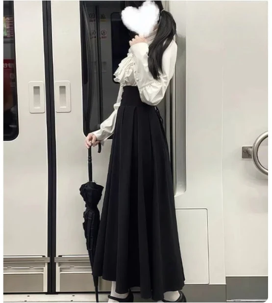 Spring Japanese Gothic Elegant Stand-up Collar Long Sleeve Shirt Fashion High Waist A-line Age-reducing Black Skirt Women Sets