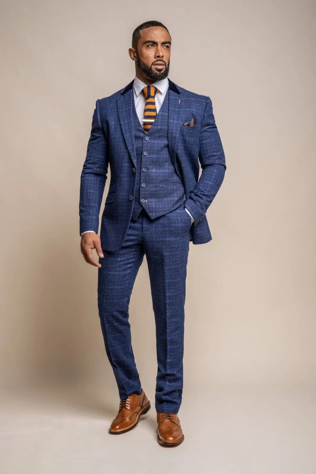 

Mens spring winter formal suits Windowpane Check Tweed Slim Fit uniform fall autumn Navy Blue Retro sets (coat+pants+vest）