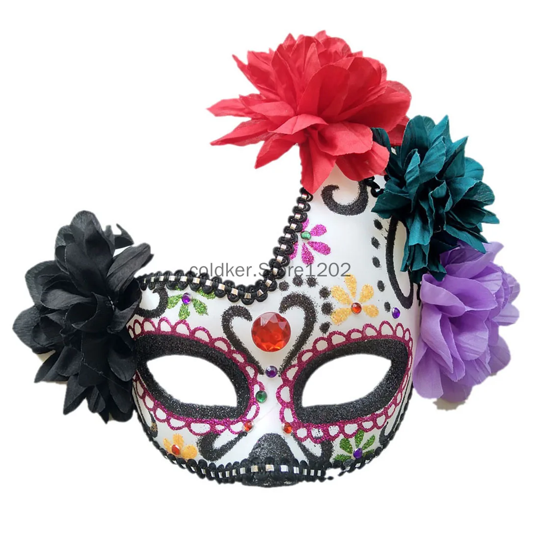 

Halloween Skeleton Mask With Fire Devil Flowers Masquerade Mask Sugar Skull Eyemask for Women Men Costume Mardi Gras Half Mask