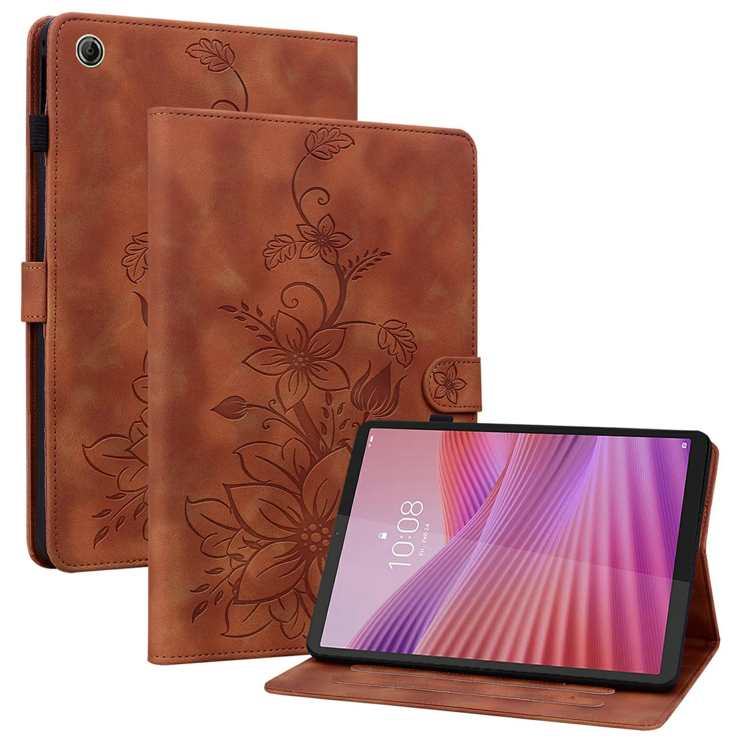 

For Lenovo Tab K9 Case Lily Flower Imprint Card Slots Leather Tablet Cover - Brown