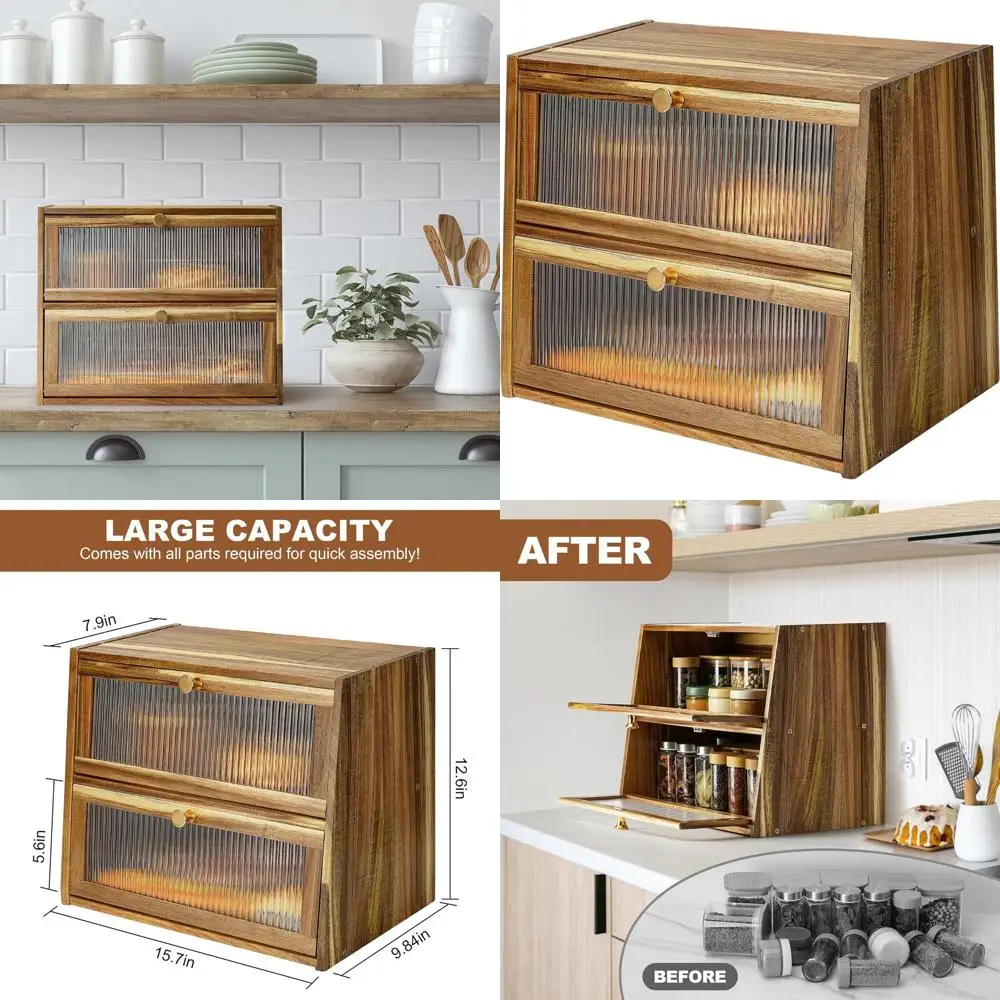 

2-х уровневая хлебница из дерева акации в фермерском доме с акриловым окном для хранения на кухонной столешнице