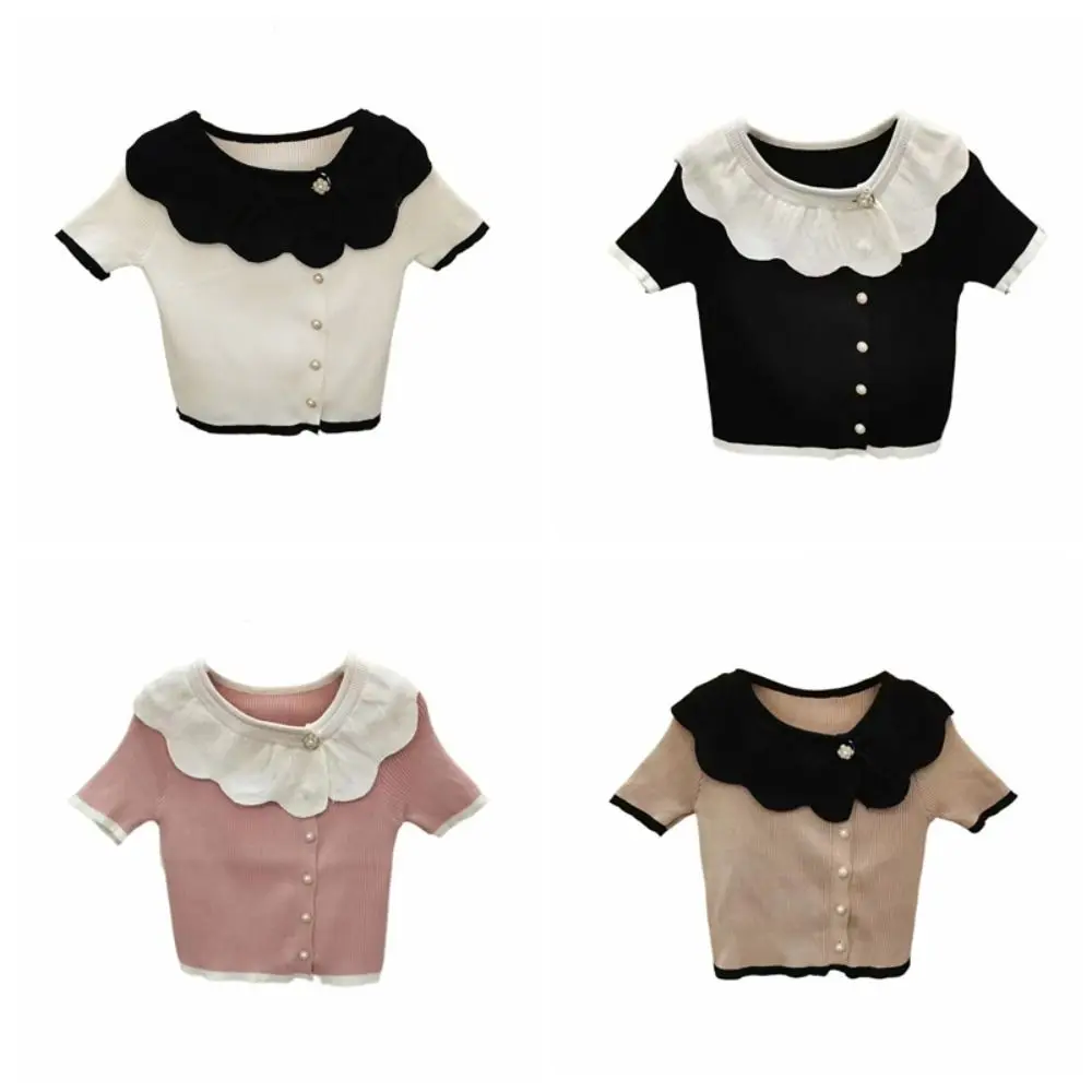 OネックフリルニットTシャツフラワーボタンショートスリムクロップトップスシャツシングルブレストストリートウェアショートニットウェアベスト夏