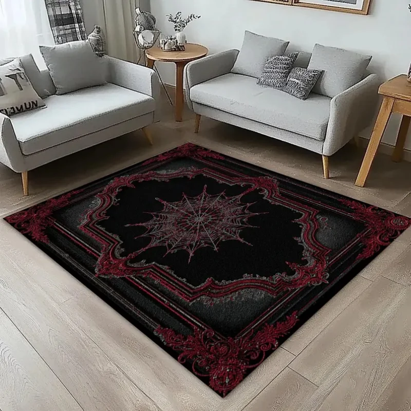 Gothic Black Red Spider Web Area Rug Non-Slip Washable Soft Floor Mat Dark Vintage Carpet for Living Room Bedroom Home Decor