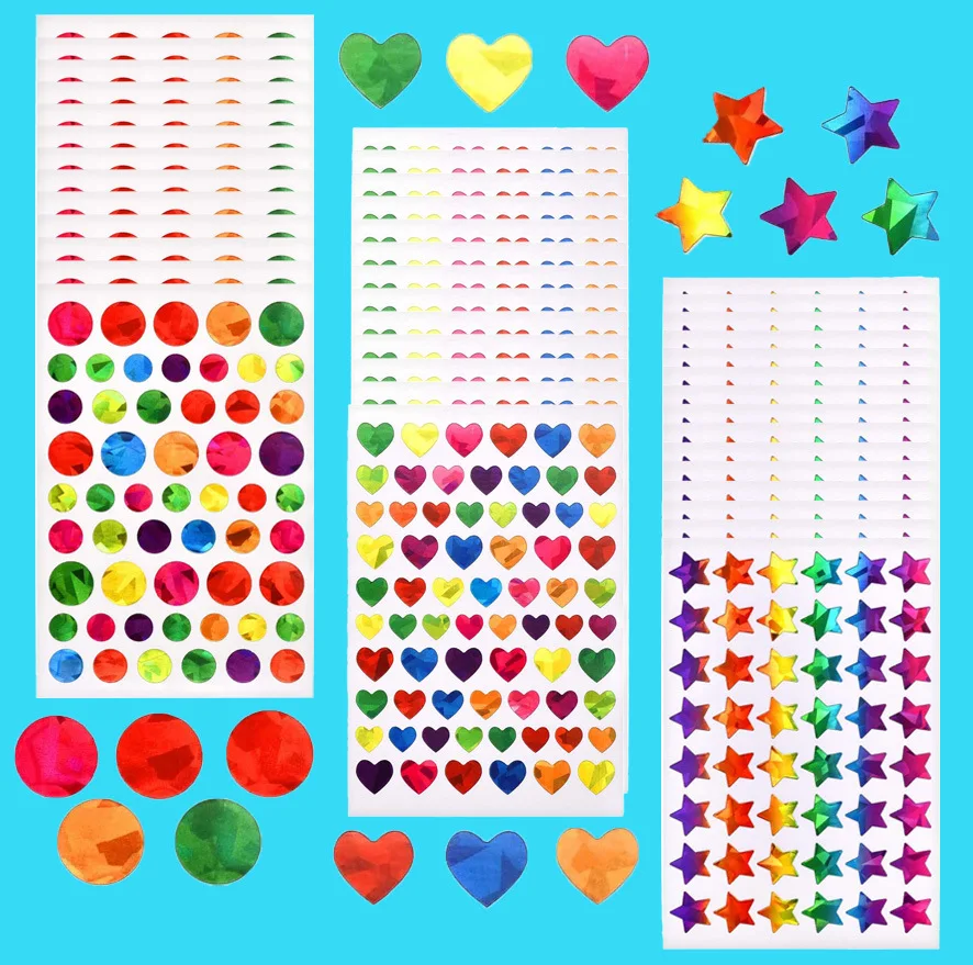 

10 листов блестящих наклеек в виде звезд, точек и сердечек для поощрений, подарков на день рождения, фольгированные бумажные наклейки, этикетки для таблиц поощрений, подарочные наклейки