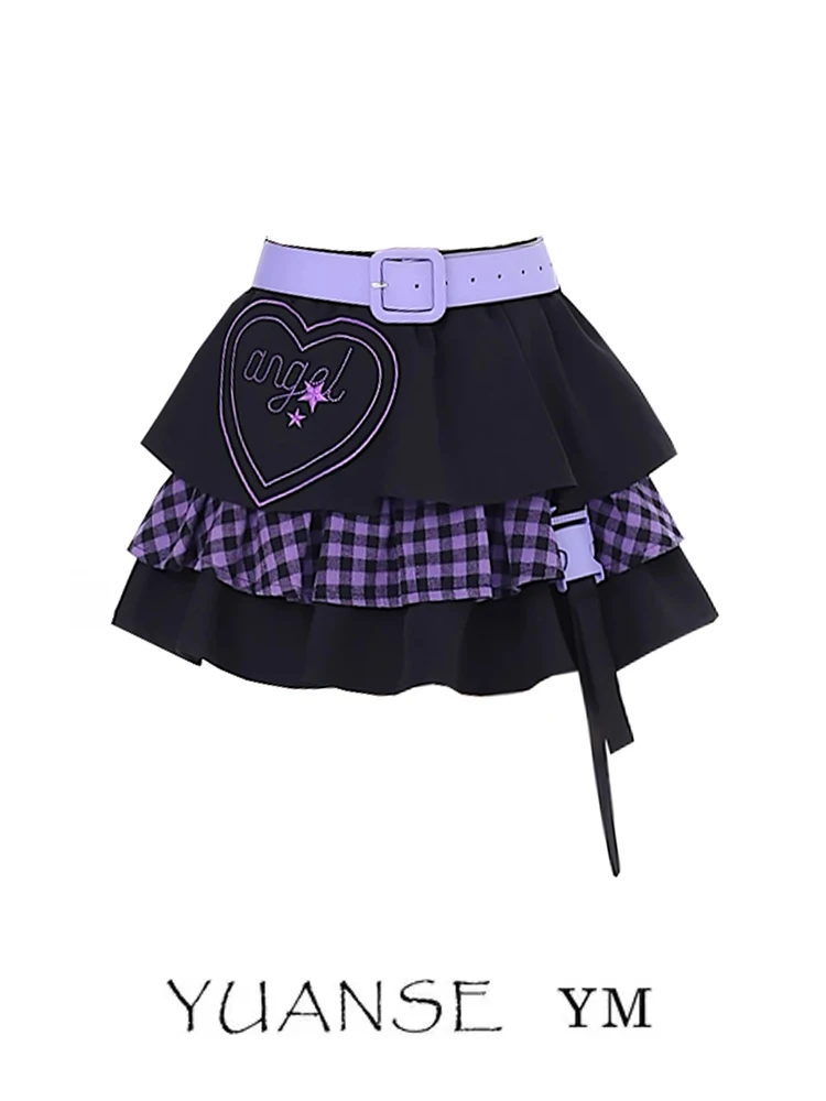 Japanese Millennium Hot Girl Style Heart Printing Plaid Short Stitching Y2K Skirt High Waist A-line Mini Pleated Skirts Women