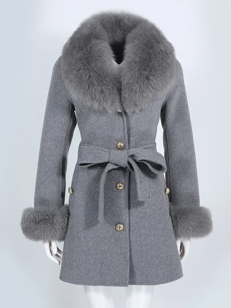 

MENINA BONITA 2022 New Winter Jacket Women Real Fur Coat Natural Fox Fur Collar Cuffs Belt Cashmere Wool Woolen Ladies Outerwear