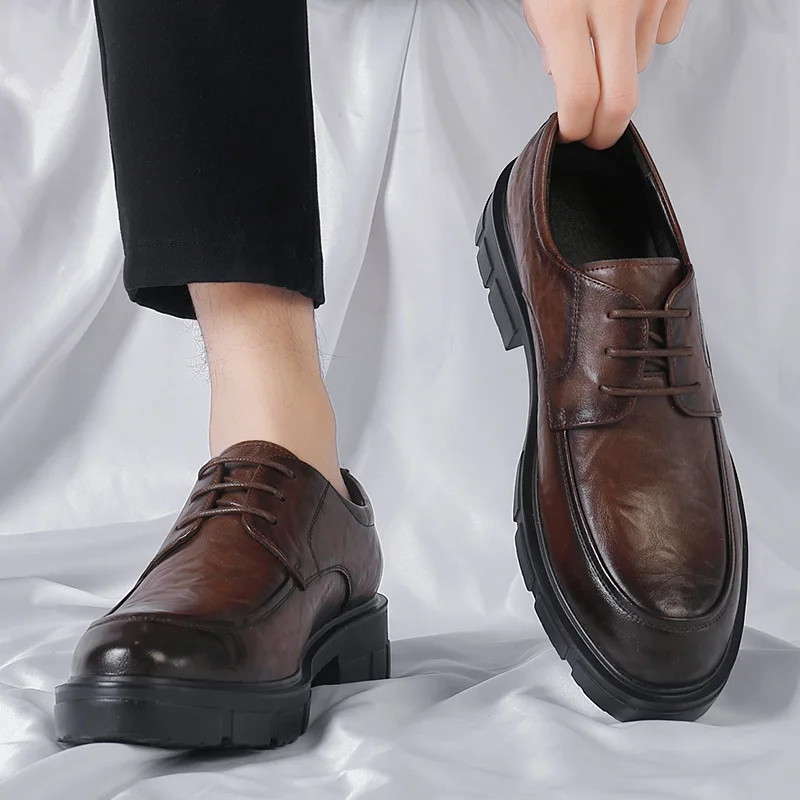 Business Formal Men's Shoes with 10CM Heightening Inner Thick Bottom Lace-Up Oxford Cotton Lined Leather Low-Top Wedding Shoes