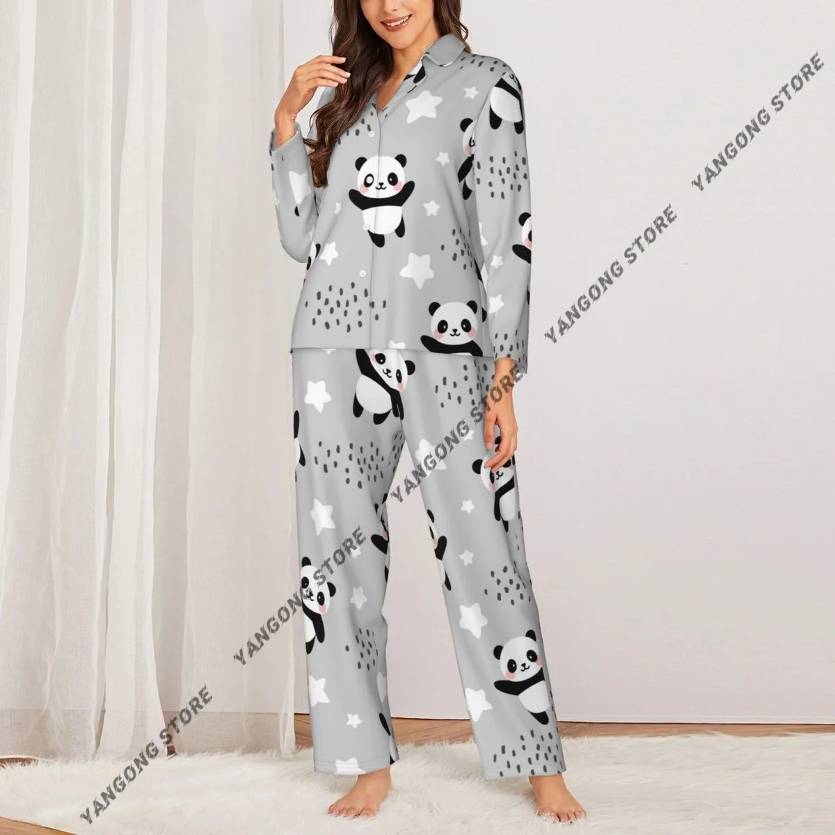 Women's Pajamas Long-sleeved Girl Loungewear Two-piece Set Panda Flying In The Sky With Clouds Star Pajamas for Autumn Spring