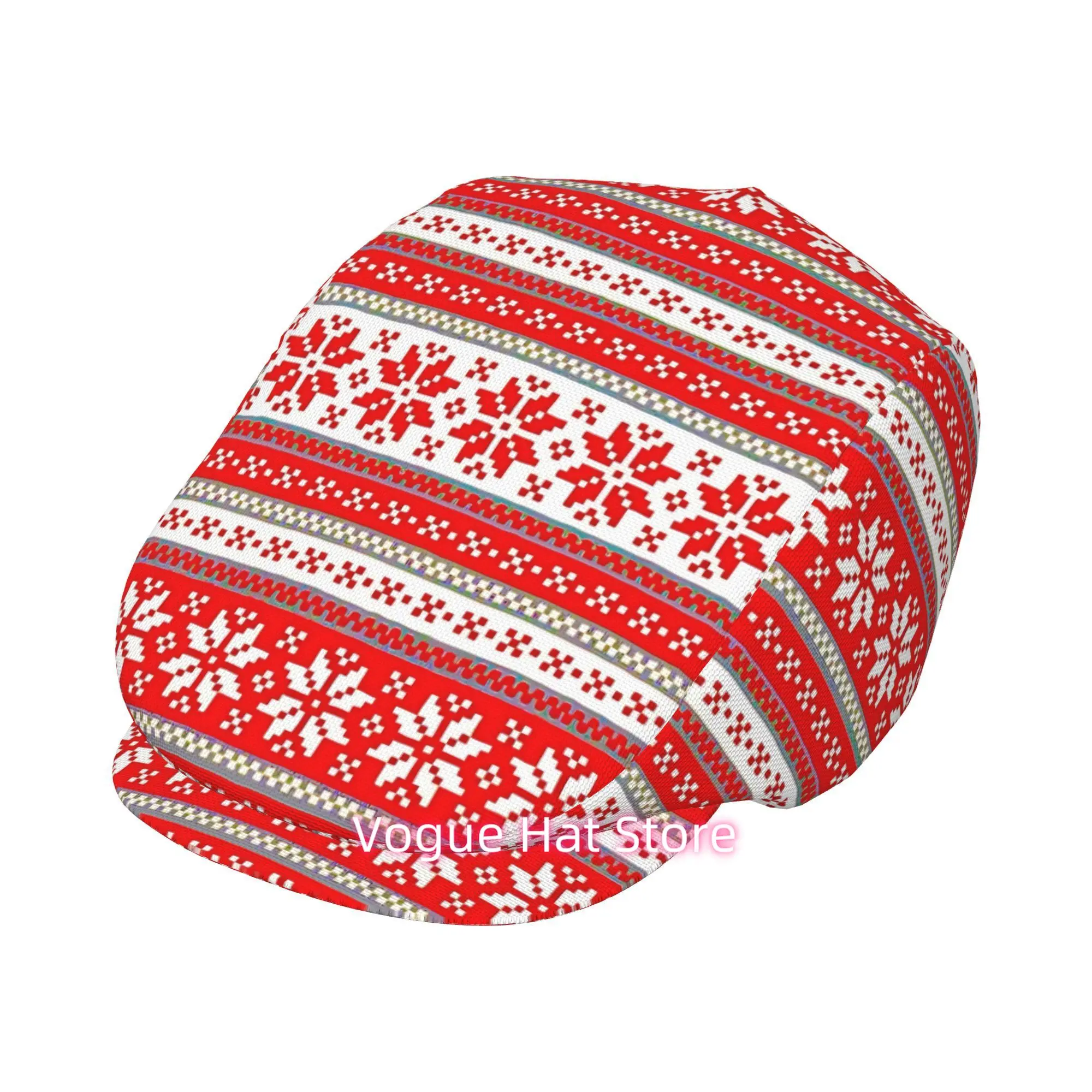 2D Flat - 1pc of a Red And White Striped Snowflake Beret, Featuring an All-Over Print, This Retro Newsboy Cap Is Unisex And an E