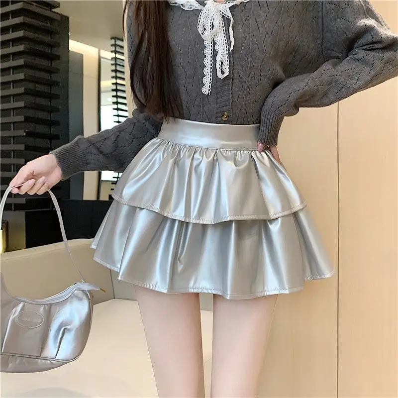 Spice Girl Black Pu Leather Skirts Women New High Waist Ruffle Edge Sexy Cake Tutu Skirt