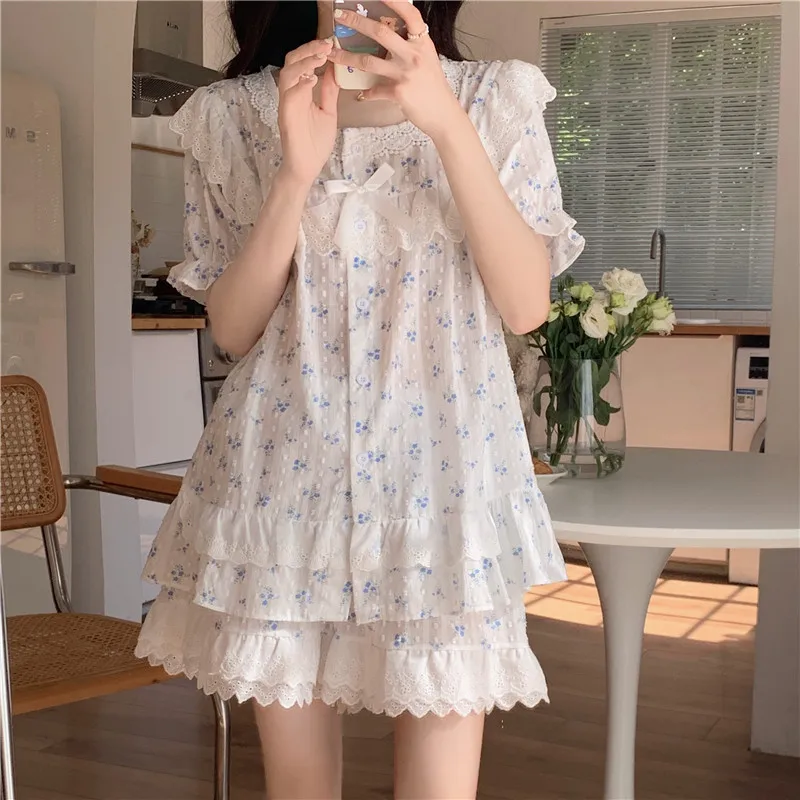 100% Cotton Pajama Set Summer Princess Sleepwear Lace Short Sleeve Ruffles Home Wear Night Clothes Floral Print Pyjamas S194