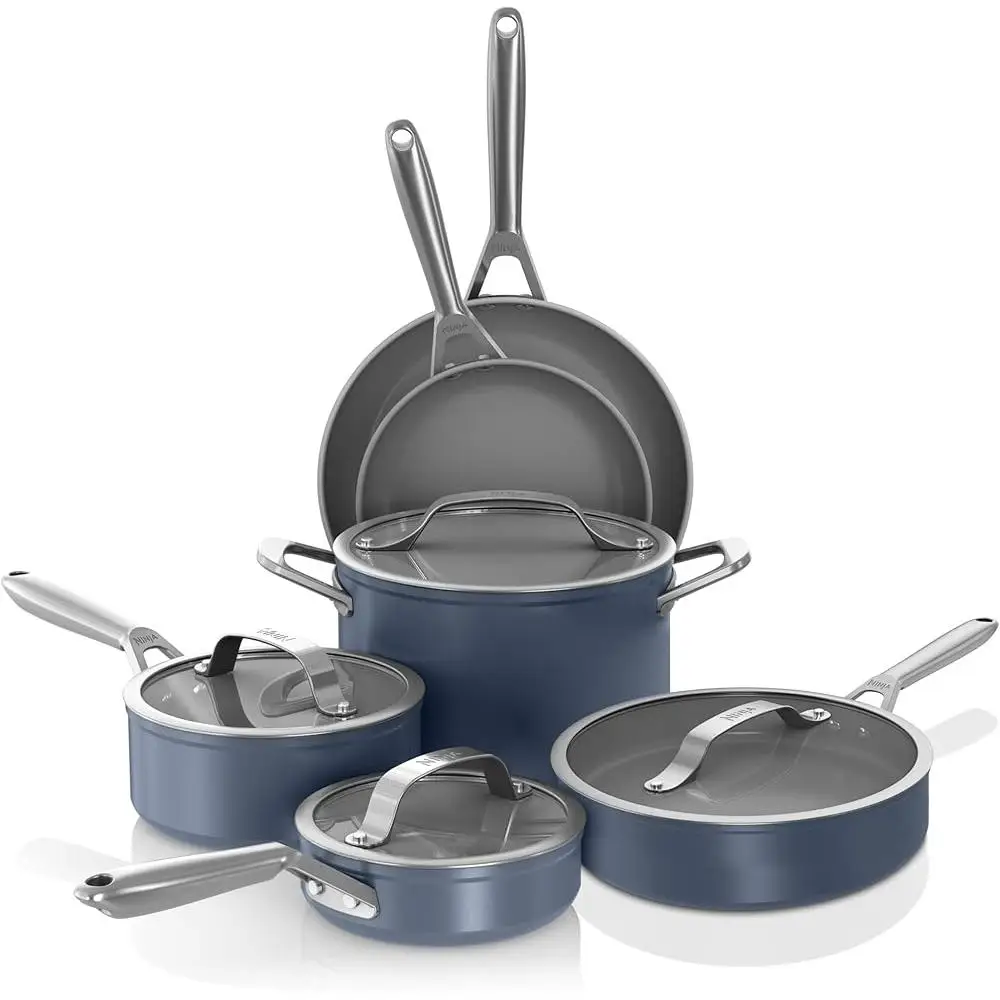 10-Piece Non-Stick Cookware Set Ceramic Coated Pots Pans Stainless Steel Handles Glass Lids Heat Resistant Scratch Resistant