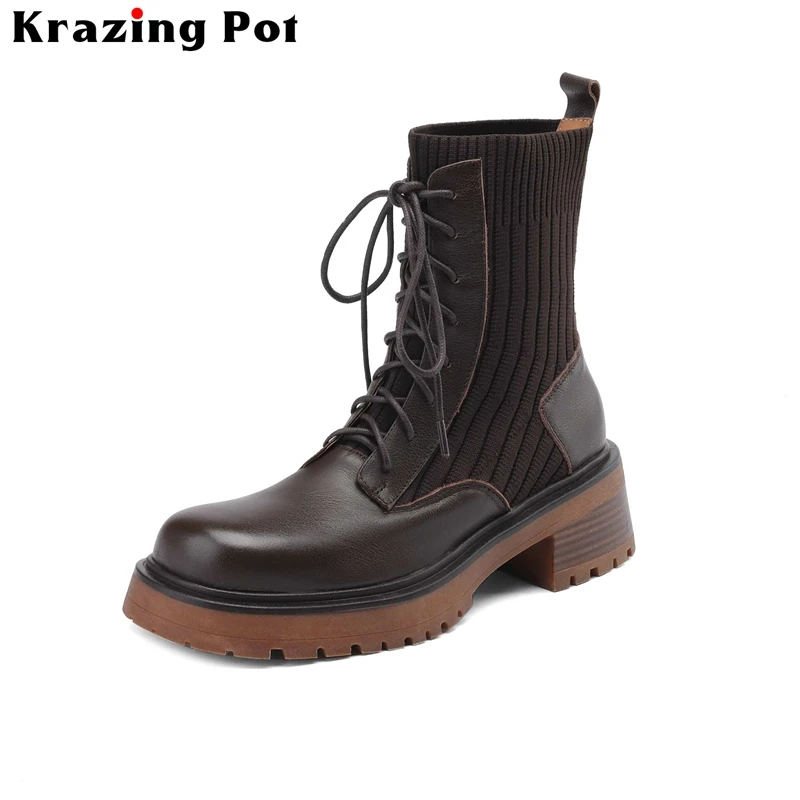 

Krazing Pot Cow Leather Knitting Lace Up Platform Stretch Boots Med Heel Warm Winter Shoes Dress Casual Motorcycles Ankle Boots