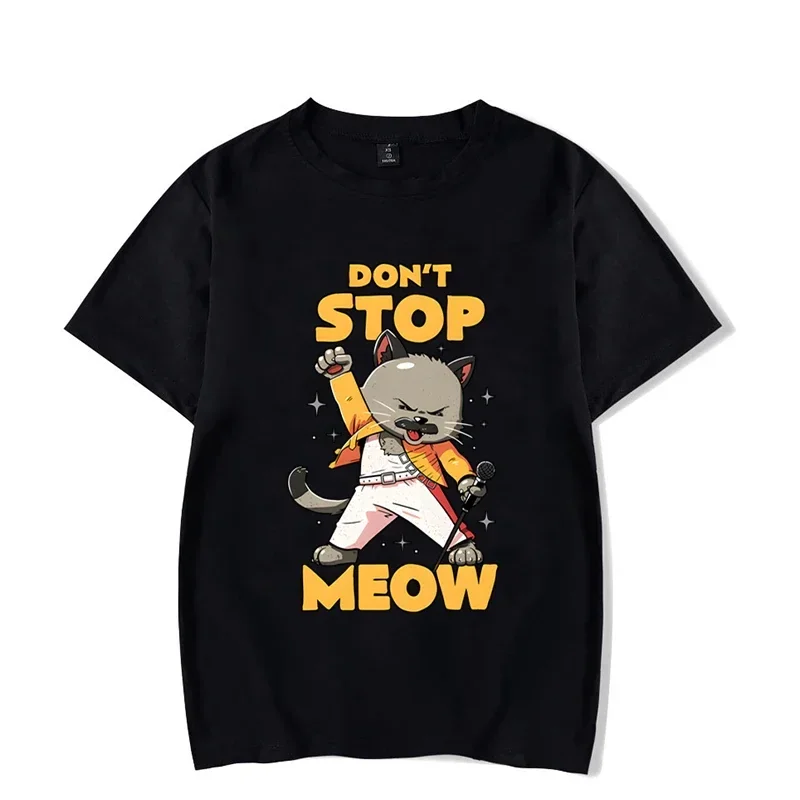 Women T Shirt DON’T STOP MEOW Funny Disco Cat Print Short Sleeve 100% Cotton Summer Tees Casual Loose Hip Hop T-shirt for Girls