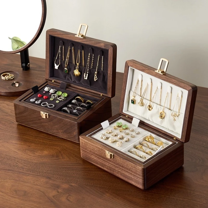 

Double Layer Jewelry Storage Box Necklace Rings Organizer Cases Retro Earrings Display Case Desktop Jewellery Collection Boxes