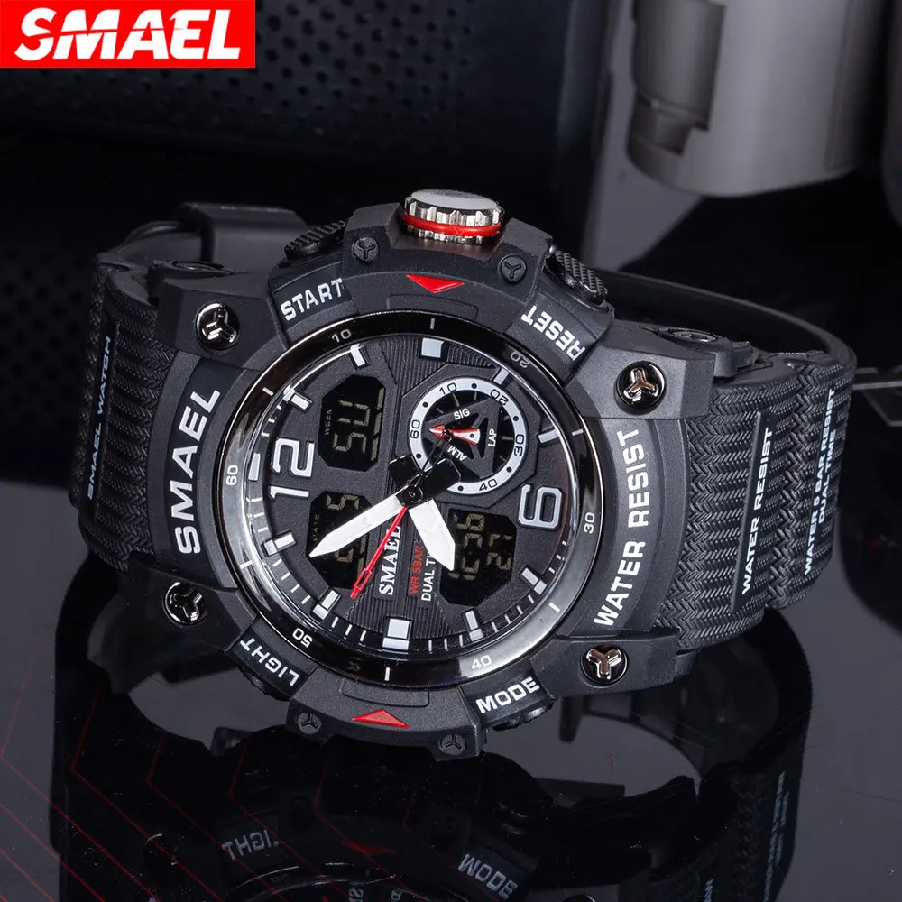 SMAEL 8007 Electronic Watch Sports Outdoors Waterproof Shockproof Chronograph Dual Display Silicone Strap Men Wrist Watches