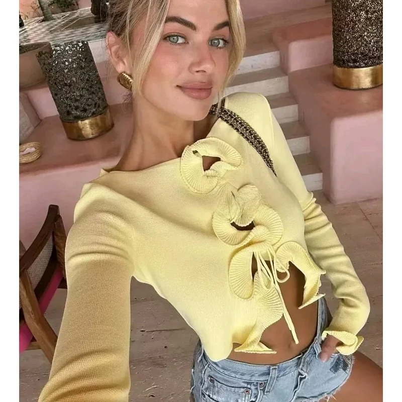 Lente Nieuwe Collectie Dames Amerikaanse Sle Bloemen Trim Splice Kleur Blo Ronde Ne Lange Sve Belted Ort Gebreid Vest