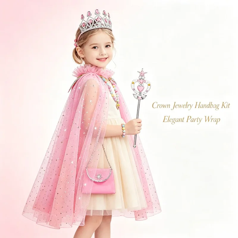 Dreamy Tulle Princess Cape Full Set Crown Jewelry Handbag Glitter Mesh Shawl Holiday Banquet For Birthday Stage Photo Decor Gift