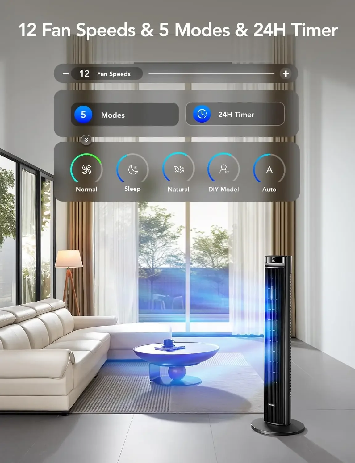 42-дюймовый башенный вентилятор для спальни, умные напольные вентиляторы с 150 °   Регулируемое осциллирование, приложение и голосовое управление, 5 режимов, 12 скоростей до 26