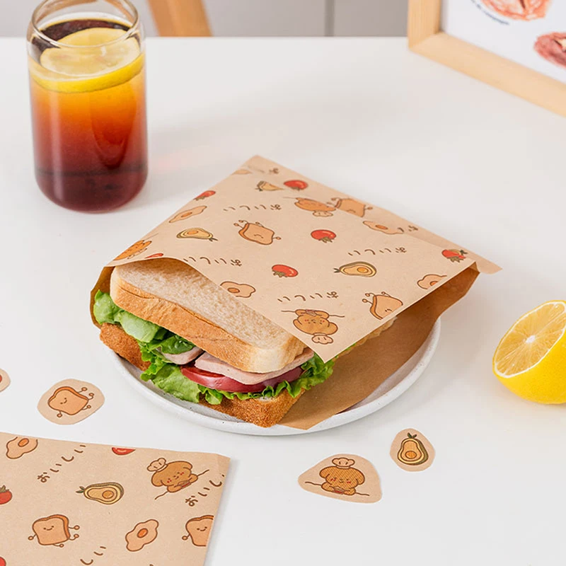 50Pcs Cartoon Cute Square Wax Paper Sandwiches Burgers Fries Fried Wrappers Bags Waxed Paper Baking Paper Food Packing Pouches