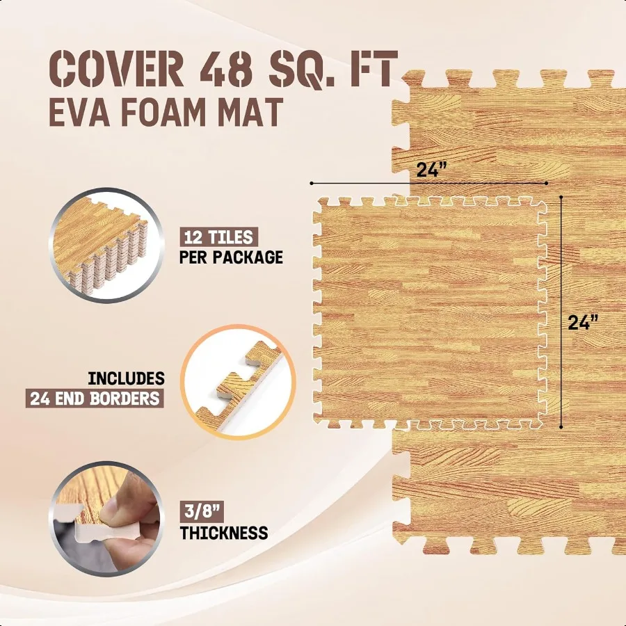 48SQ.FT الخشب الحبوب لغز بساط للتمرين الأرضيات الواقية إيفا المتشابكة بلاط الأرضيات الرغوية مع الحدود للمنزل #2
