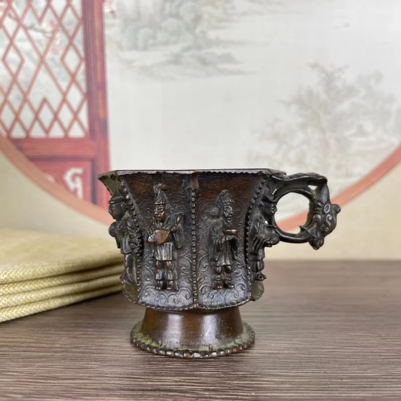 and vintage copperware collection: Tang Dynasty music figure patterned octagonal cup, handcrafted collectible antique or