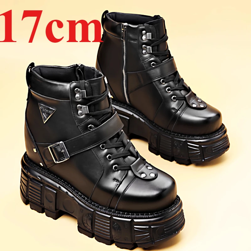 Extra High Motorcycle Boots for Men's 17cm Street Height-increasing Shoes Genuine Leather Thick Solesd Banquet Elevator Footwear