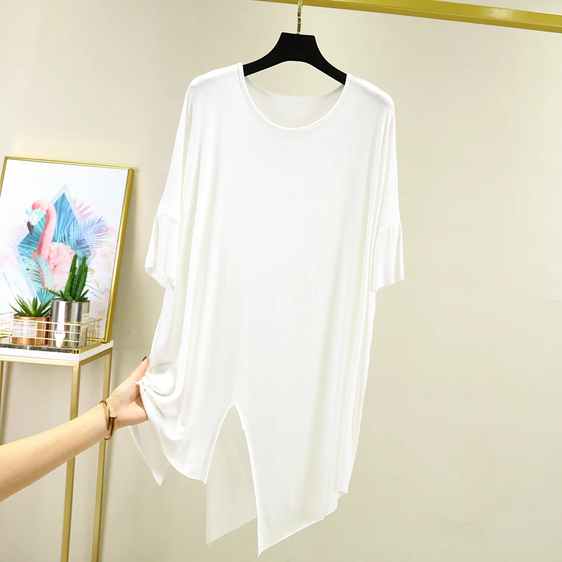 Loose Fit Dancewear T-Shirt for Women Short Sleeve Modal Mid-Length Base Shirt Asymmetrical Hemline Korean Style round Neck