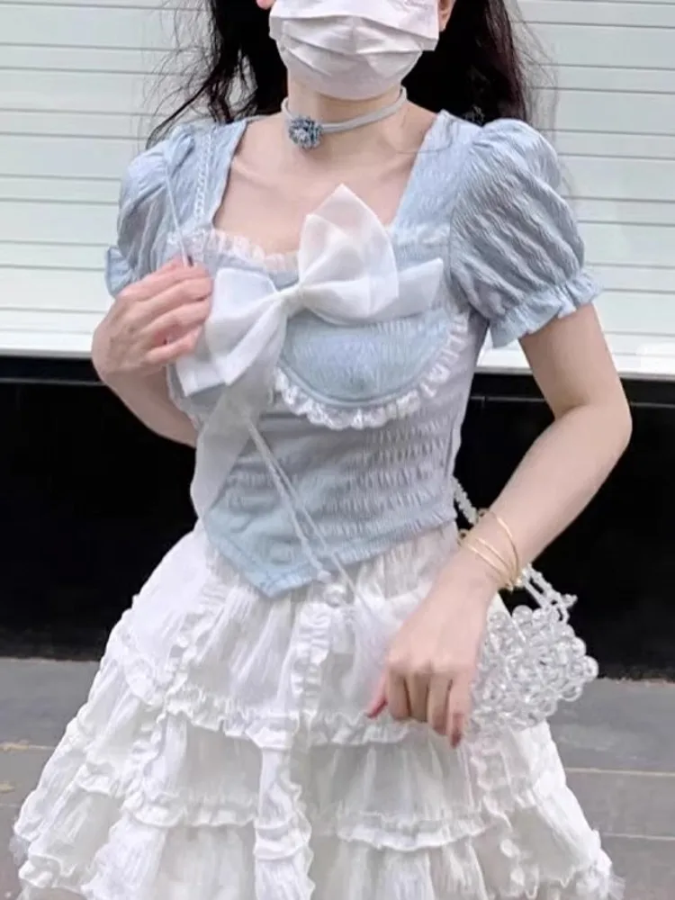 

Sweet Knot ort Sve Bubble Sve ort irt Women's Summer Slimming Design Korean Sle Commute Faion