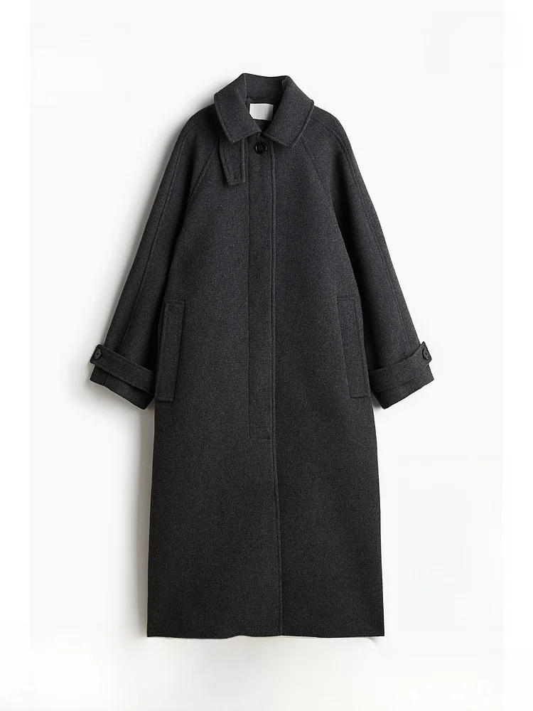 

H&M Women's Woolen Coat Winter Turn-down Collar Single Button Loose Wide ape Long Coat Polyester Wool Blend ort Length