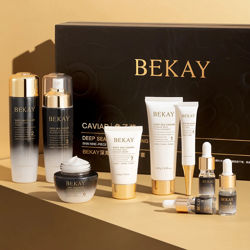 Beauty Box Deep Sea Caviar Facial Supplements skincare set 9Pcs Face Cream Toner Facial Lotion Essence Eye Cream Facial Cleanser