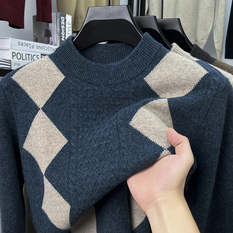 

Real 100% Sheep Wool Clothes 2025 Autumn Winter Classic Argyle Men Sweater Long Sleeve Wool Knitwear Pullover Warm Sweaters