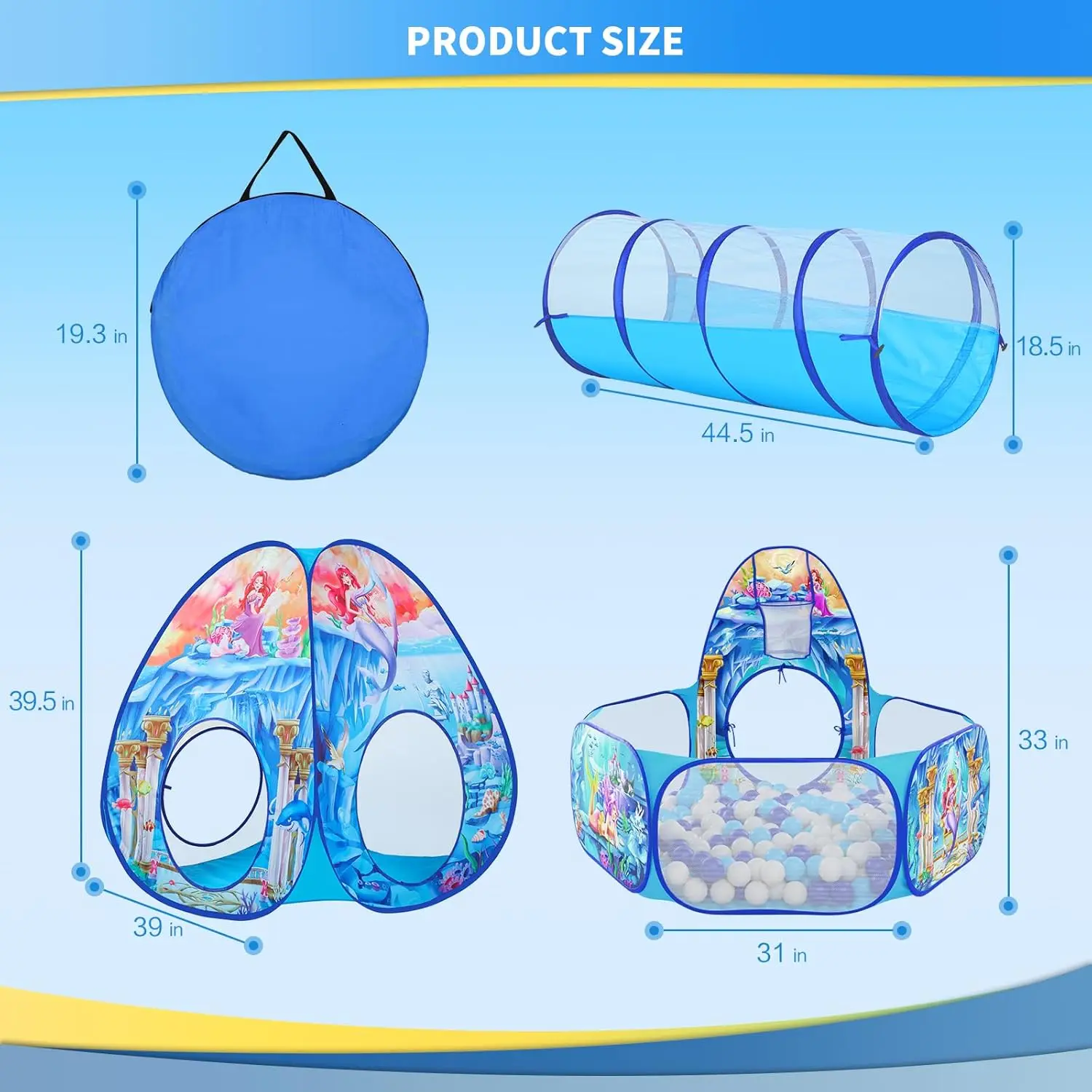 3-in-1 Meerjungfrau-Kinderspielzelt mit Spieltunnel, Bällebad, Basketballkorb für Jungen und Mädchen, Pop-Up-Spielhausspielzeug für Kleinkinder für Bab