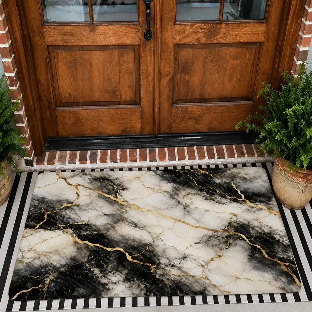 Luxury Marble Golden Veins Floor Mat Flannel Rug Non Slip Absorbent Soft Washable For Entryway Bathroom Kitchen Decor