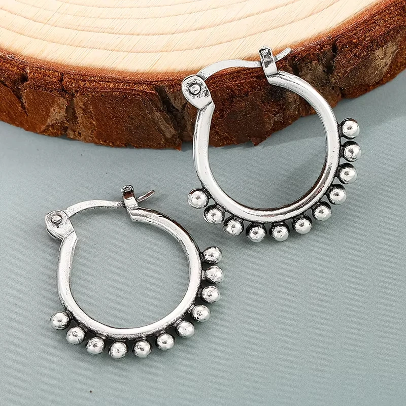 

Huaya Women's Make Old Silver Metal Beaded Ethnic Style Earrings Vintage Style Circle Ear Buckle Personality Accessories