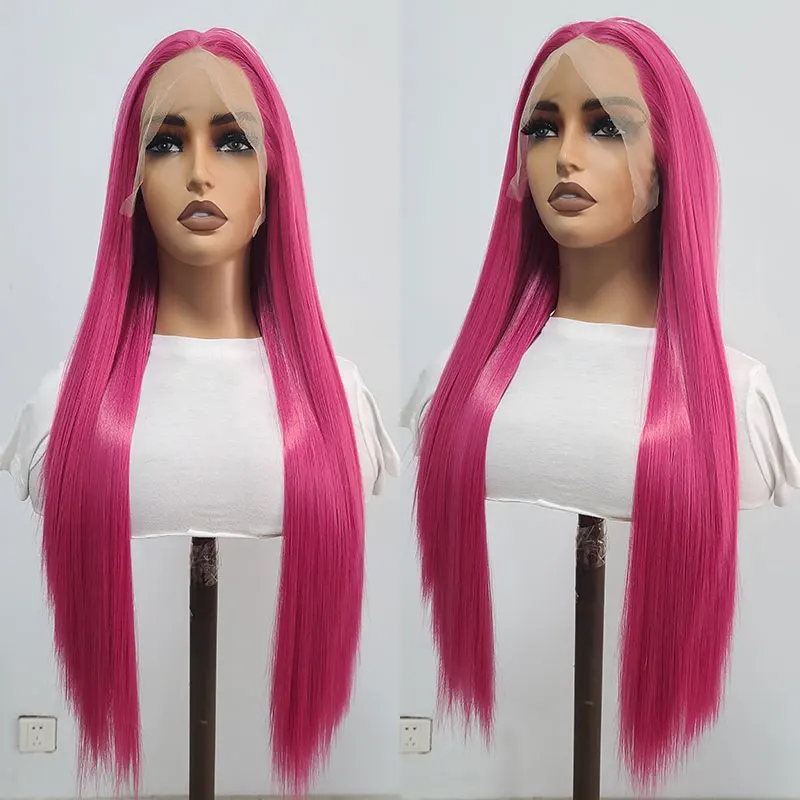 Rose Red Straight Synthetic 13x4 Lace Front Wigs Glueless Good Quality Heat Resistant Fiber Hair Middle Part For Women Cosplay