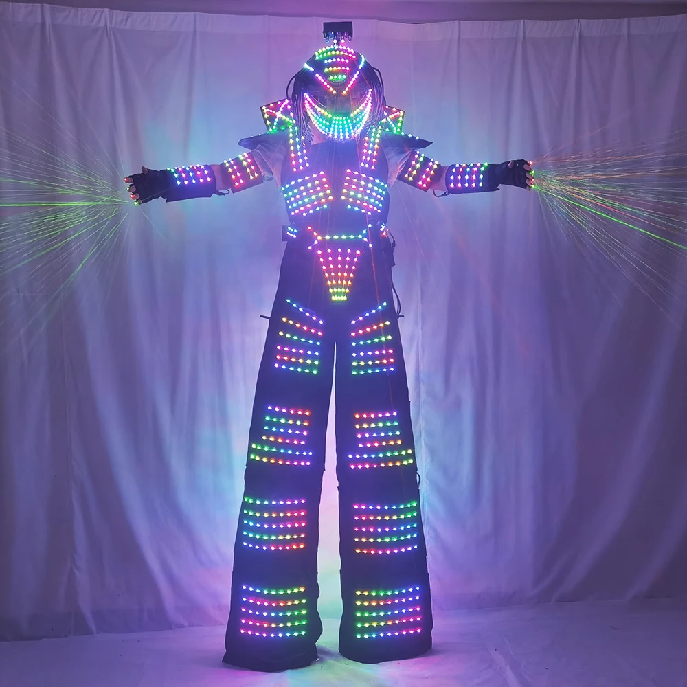 

LED Robot Costume Traje LED Suit Dress Clothes Stilt Walking Luminous Jacket With Laser Gloves Predator Lighted Helmet