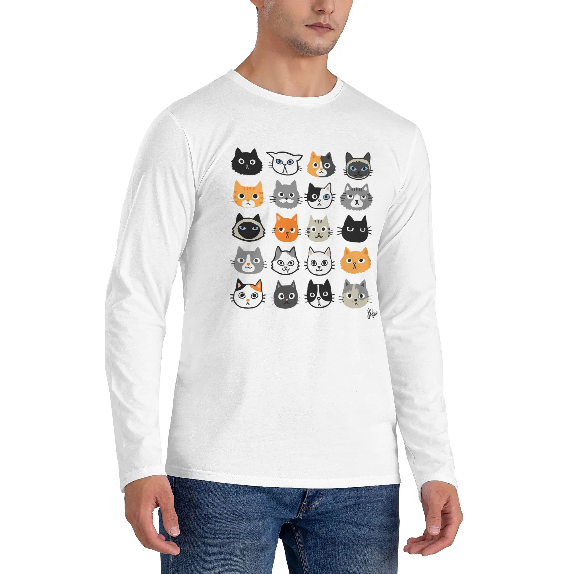 

Ассорти Cat Faces Cute Quirky Kitty Cat Drawings Мужская футболка с длинными рукавами и круглым вырезом Весенние и осенние мужские топы