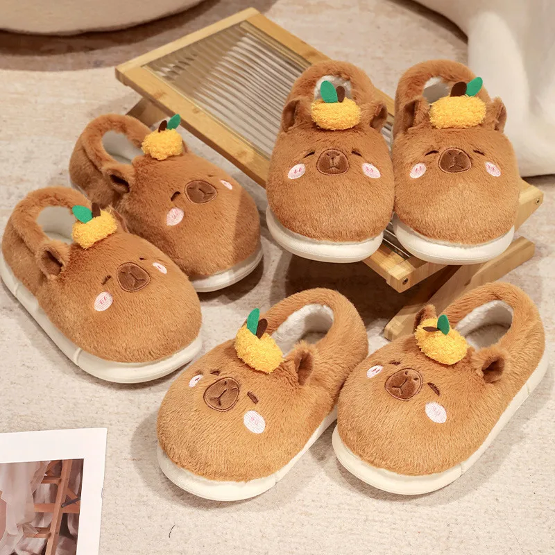 37-44 Cute Cartoon Capybara Cotton Slippers Full Wrap Heel Home Soft Non-slip Warm Breathable Indoor Plush Shoes Couple Slippers